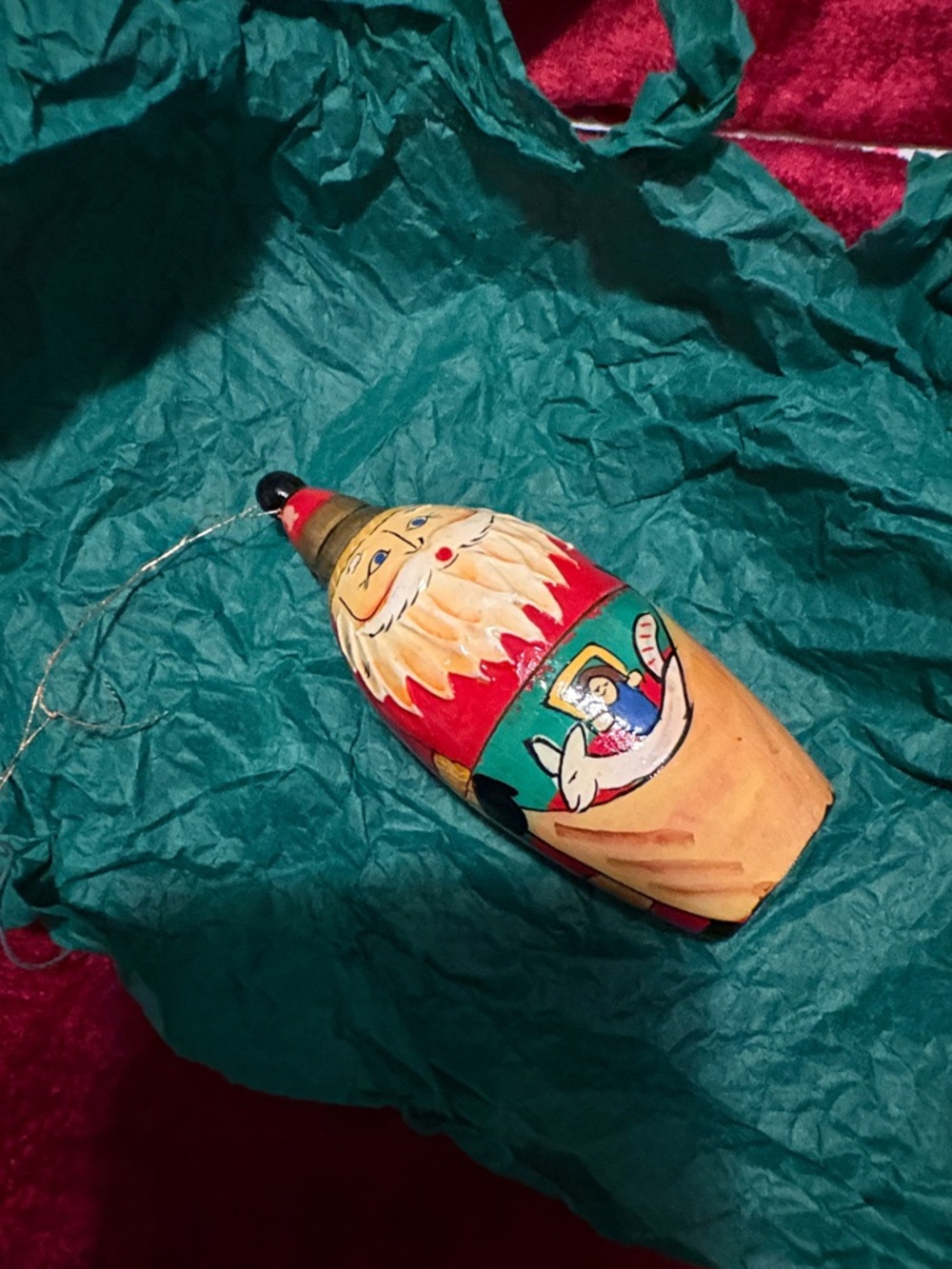 Hand-Painted Santa Holiday Ornament in Red, Green, Cream opens vintage